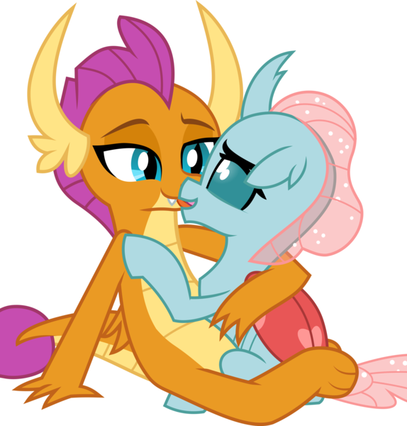 Size: 2314x2418 | Tagged: suggestive, derpibooru import, ocellus, smolder, changedling, changeling, dragon, derpibooru exclusive, dragoness, female, horns, hug, image, kissing, lesbian, png, shipping, sitting, smolcellus, wings