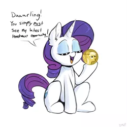 Size: 2000x2000 | Tagged: safe, artist:skoon, derpibooru import, edit, rarity, pony, unicorn, april fools, april fools 2022, cryptocurrency, darling, derpthereum, dialogue, doge, ear fluff, eyes closed, female, high res, hoof hold, image, mare, meme, png, rarity's latest accessory, simple background, sketch, solo, this will end in bankruptcy, this will end in tears, this will not end well