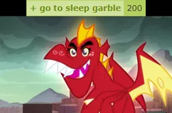 Size: 320x210 | Tagged: safe, derpibooru import, edit, edited screencap, screencap, garble, spike, dragon, derpibooru, gauntlet of fire, season 6, 200, abuse, caption, derpimilestone, dilated pupils, dragon lands, faic, glow, go to sleep garble, image, image macro, implied spike, male, meta, milestone, open mouth, png, shitposting, solo, spikeabuse, tags, text