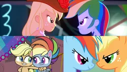 Size: 3416x1920 | Tagged: safe, derpibooru import, edit, edited screencap, screencap, applejack, rainbow dash, earth pony, pegasus, pony, eqg summertime shorts, equestria girls, fall weather friends, my little pony: pony life, raise this roof, season 1, spoiler:pony life s02e04, applejack's hat, bare shoulders, cotton candy-colored glasses, cowboy hat, duo, duo female, fall formal outfits, female, hat, image, jpeg, looking at each other, looking at someone, mare, sleeveless, smiling, strapless