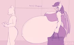 Size: 2737x1687 | Tagged: suggestive, artist:puetsua, derpibooru import, oc, oc:spira fang, unofficial characters only, anthro, bat pony, bat pony oc, bat wings, bedroom eyes, belly, belly button, big belly, big breasts, breasts, clothes, coronavirus, covid-19, digital art, face mask, female, female focus, huge belly, huge breasts, hyper, hyper belly, hyper pregnancy, image, impossibly large belly, mask, monochrome, outie belly button, pants, png, pregnant, side view, sideboob, simple background, social distancing, solo focus, tail, tanktop, thighs, wings