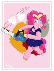 Size: 2268x3000 | Tagged: semi-grimdark, artist:str8aura-draws-horses-and-stuff, derpibooru import, pinkie pie, tumblr:ask-pinkie-polkadot-pie, bipedal, blood, bow, chainsaw, cheerleader, cheerleader outfit, clothes, crossover, hair bow, heart, image, lollipop chainsaw, paint splatter, png, video game, vylet pony