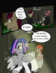 Size: 1280x1639 | Tagged: semi-grimdark, artist:jolliapplegirl, derpibooru import, oc, earth pony, pegasus, pony, unicorn, comic:dusk rebellion, alternate timeline, alternate universe, bandage, comic, crystal war timeline, dialogue, female, glasses, image, male, mare, png, restrained, stallion, tent