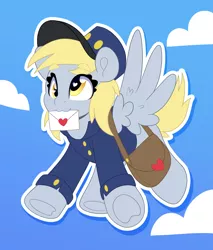 Size: 3406x4000 | Tagged: safe, artist:partylikeanartist, derpibooru import, derpy hooves, pegasus, pony, clothes, cloud, cross-eyed, cute, derpabetes, envelope, flying, hat, heart eyes, image, jpeg, mail, mailbag, mailmare, mailpony, mouth hold, simple background, solo, sticker, uniform, wingding eyes