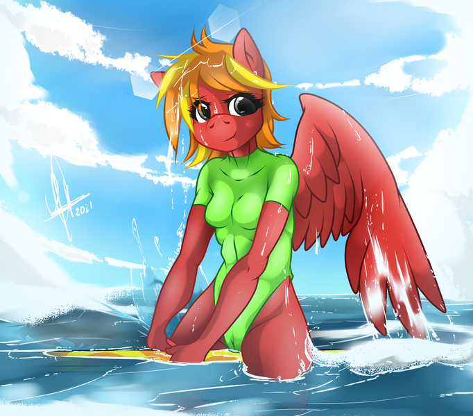 Size: 2500x2200 | Tagged: questionable, artist:zcomic, derpibooru import, oc, unofficial characters only, anthro, pegasus, beach, breasts, cameltoe, clothes, digital art, female, image, looking at you, ocean, one-piece swimsuit, png, solo, spread wings, surfboard, surfing, swimsuit, tail, thighs, water, wings