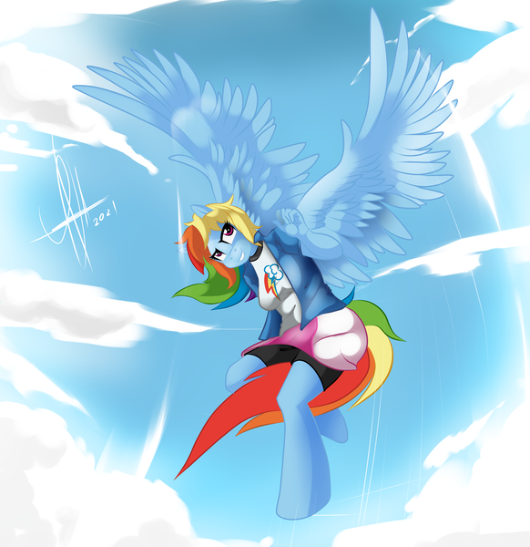 Size: 3300x3400 | Tagged: safe, artist:zcomic, derpibooru import, rainbow dash, anthro, pegasus, unguligrade anthro, bedroom eyes, breasts, busty rainbow dash, clothes, cloud, digital art, female, flying, image, looking at you, png, shirt, shorts, sky, solo, spread wings, tail, thighs, wings