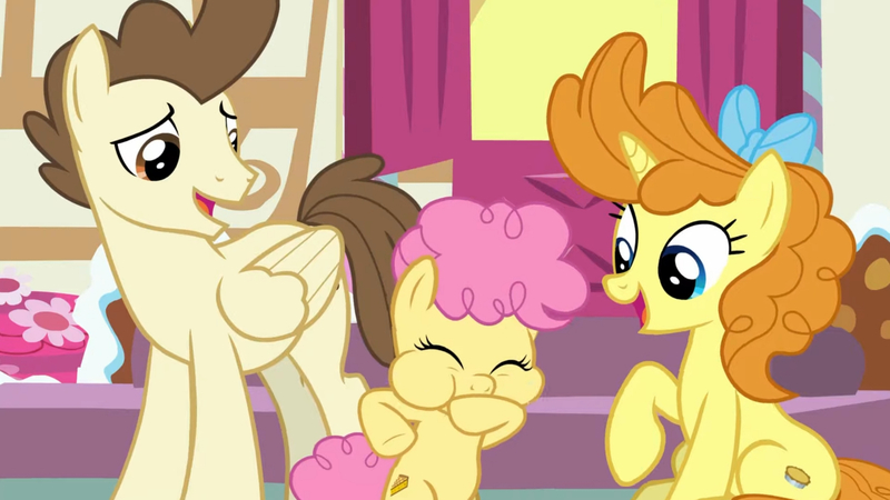 Size: 3410x1920 | Tagged: safe, derpibooru import, screencap, li'l cheese, pound cake, pumpkin cake, earth pony, pegasus, pony, unicorn, season 9, the last problem, spoiler:s09, cake twins, eyes closed, female, filly, foal, image, jpeg, male, mare, older, older pound cake, older pumpkin cake, open mouth, open smile, siblings, smiling, stallion, sugarcube corner, the magic of friendship grows, trio, twins