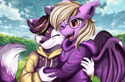Size: 4015x2640 | Tagged: safe, artist:pridark, derpibooru import, oc, anthro, bat pony, fox, bat pony oc, bat wings, bust, clothes, cloud, commission, duo, furry, glasses, high res, hoodie, image, one eye closed, open mouth, png, portrait, sky, wings