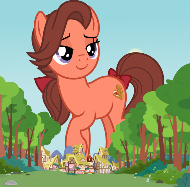 Size: 1920x1893 | Tagged: safe, artist:chrzanek97, artist:thegiantponyfan, derpibooru import, swoon song, earth pony, pony, bow, female, giant pony, giant/macro earth pony, giantess, houses, image, lidded eyes, looking at you, macro, mane bow, mare, mega giant, png, ponyville, raised hoof, smiling, tail, tail bow, tree