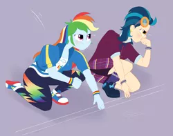 Size: 1896x1494 | Tagged: safe, artist:necrofeline, derpibooru import, indigo zap, rainbow dash, pegasus, series:the big run, equestria girls, friendship games, burp, duo, duo female, female, gray background, hiccup, image, png, purple background, ready to race, simple background, start line, starting line, weight gain sequence