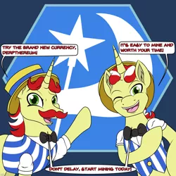 Size: 2000x2000 | Tagged: safe, artist:novaspark, derpibooru import, flam, flim, pony, unicorn, april fools, april fools 2022, brothers, clothes, cryptocurrency, derpibooru exclusive, derpthereum, duo, duo male, flim flam brothers, hexagon, image, joke, male, png, siblings, stallion, that was fast