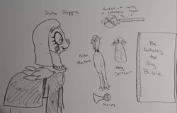 Size: 2048x1307 | Tagged: safe, artist:pony quarantine, derpibooru import, oc, oc:sister slappy, unofficial characters only, pegasus, pony, bible, bike horn, book, clown, female, grayscale, image, jpeg, mare, monochrome, nun, pencil drawing, rubber chicken, solo, spray bottle, traditional art, whoopee cushion