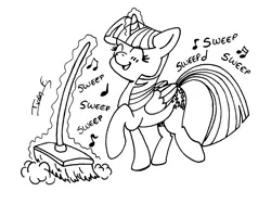 Size: 2000x1500 | Tagged: safe, artist:memprices, derpibooru import, twilight sparkle, twilight sparkle (alicorn), alicorn, pony, black and white, broom, brush, doodle, dust, grayscale, happy, image, magic, monochrome, music notes, open mouth, open smile, png, raised hoof, simple background, singing, sketch, smiling, sweeping, text