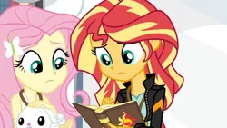 Size: 3410x1920 | Tagged: safe, derpibooru import, screencap, angel bunny, fluttershy, sunset shimmer, rabbit, equestria girls, friendship games, animal, canterlot high, clothes, female, hairpin, high res, image, jacket, jpeg, leather, leather jacket, male, smiling, statue, trio