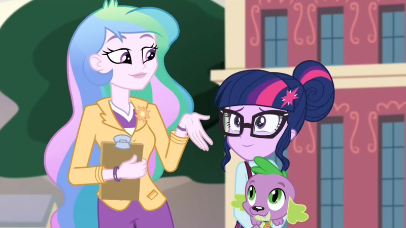 Size: 3410x1920 | Tagged: safe, derpibooru import, screencap, princess celestia, sci-twi, spike, spike the regular dog, twilight sparkle, dog, equestria girls, friendship games, canterlot high, clipboard, female, glasses, high res, image, jpeg, male, principal celestia, smiling, trio