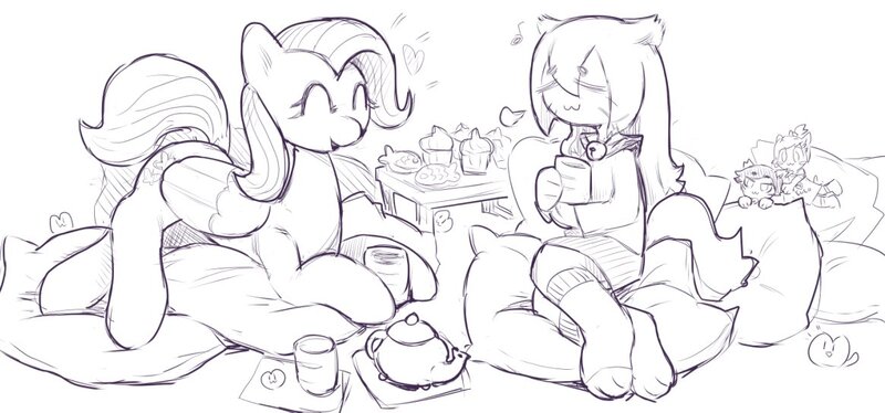 Size: 1165x544 | Tagged: safe, artist:archeryves, derpibooru import, fluttershy, pegasus, angle(purrfectapawcalypse), clothes, cushion, heart, image, jpeg, purrfectapawcalypse, smiling, socks, tea time