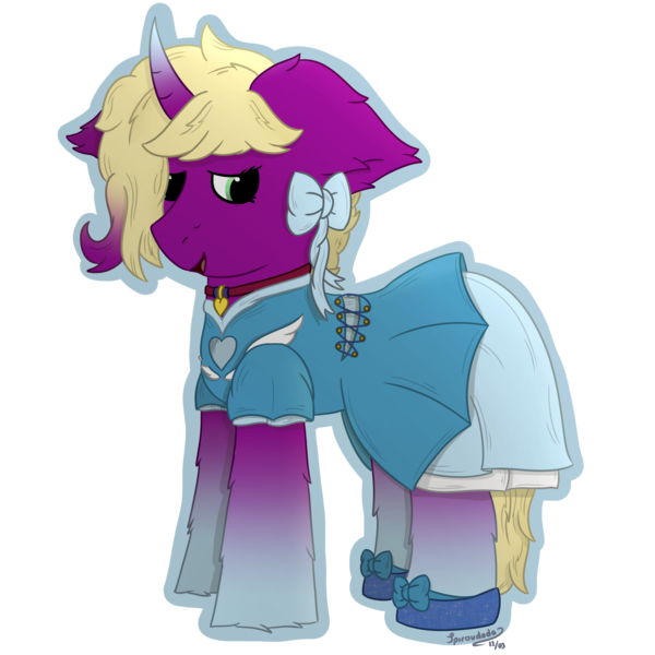 Size: 2000x2000 | Tagged: safe, artist:spiroudada, derpibooru import, oc, oc:velvet sky, unofficial characters only, pony, unicorn, blue dress, bow, choker, clothes, crossdressing, cute, dress, image, male, png, shoes, simple background, solo, stallion