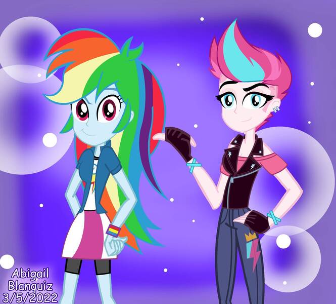 Size: 1912x1725 | Tagged: safe, artist:kova360, derpibooru import, rainbow dash, zipp storm, human, equestria girls, bracelet, clothes, cutie mark, cutie mark on clothes, fingerless gloves, g5, gloves, hand on hip, image, jewelry, jpeg, looking at you, vest