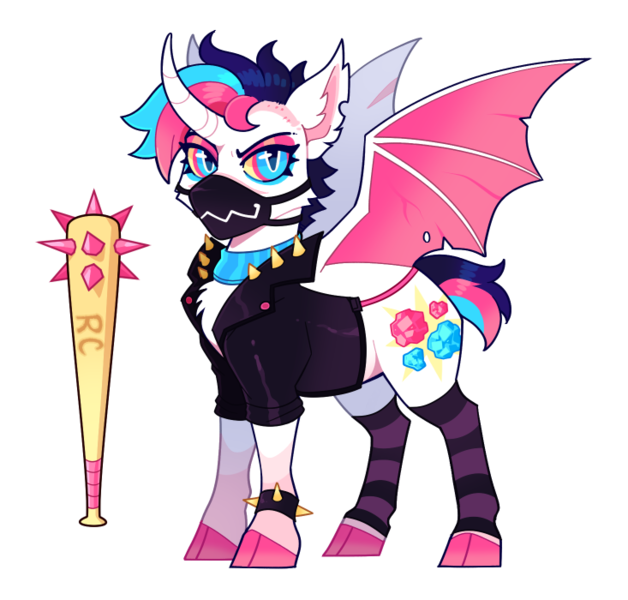 Size: 733x700 | Tagged: safe, artist:lastnight-light, derpibooru import, oc, oc:rock candy, alicorn, bat pony, bat pony alicorn, pony, bat wings, clothes, female, horn, image, jacket, leather jacket, mare, mask, png, simple background, solo, transparent background, wings