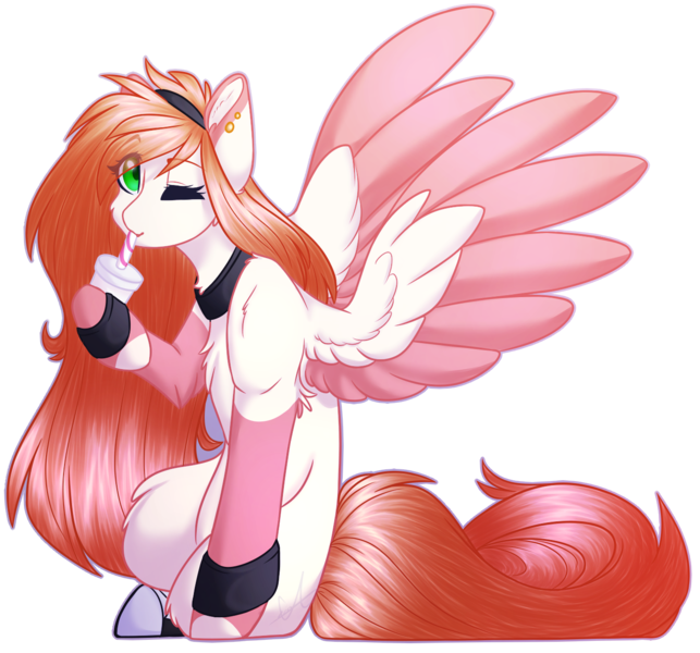 Size: 1373x1281 | Tagged: safe, artist:purplegrim40, derpibooru import, oc, unofficial characters only, pegasus, pony, colored wings, drink, female, hoof hold, image, mare, one eye closed, pegasus oc, png, simple background, sitting, solo, transparent background, two toned wings, wings, wink