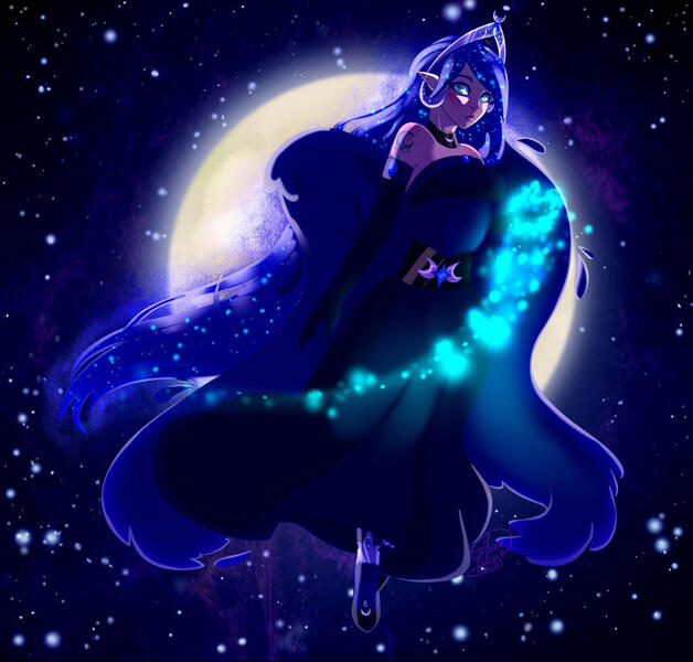 Size: 1024x978 | Tagged: safe, artist:dinkydoolove, derpibooru import, princess luna, human, clothes, female, flying, full body, gloves, humanized, image, jpeg, long gloves, lunan, moon, night, outdoors, solo, winged humanization, wings