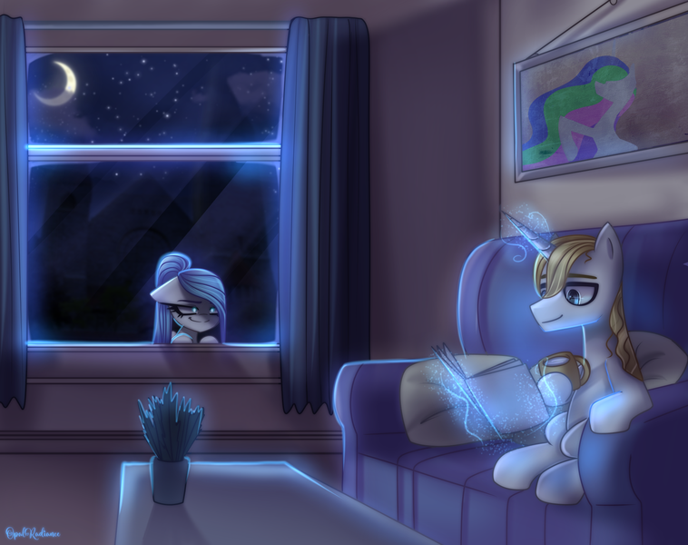 Size: 1920x1520 | Tagged: safe, artist:opal_radiance, derpibooru import, opalescence, prince blueblood, oc, pegasus, pony, unicorn, blue, image, kidnapped, light, night, png, rosamond, solo, spying, stare