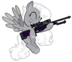 Size: 1066x920 | Tagged: safe, artist:toffeelavender, derpibooru import, oc, unofficial characters only, pegasus, pony, base used, eyelashes, eyes closed, female, flying, freckles, gun, image, jewelry, mare, necklace, pegasus oc, png, rifle, simple background, smiling, solo, transparent background, weapon, wings