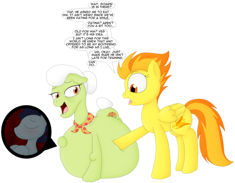 Size: 3299x2560 | Tagged: questionable, artist:girlsvoreboys, derpibooru import, granny smith, soarin', spitfire, earth pony, pegasus, belly, big belly, grannysoar, image, internal, png, simple background, transparent background, vore