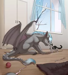 Size: 1280x1403 | Tagged: safe, artist:tigra0118, derpibooru import, oc, oc:chain lightning, unofficial characters only, cat, ball, commission, digital art, image, jpeg, pet, pony dragon hybrid, room, solo, tree, window, ych result