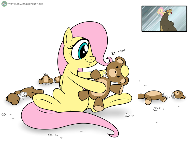 Size: 1362x1028 | Tagged: safe, artist:doublewbrothers, derpibooru import, screencap, fluttershy, harry, bear, pegasus, pony, lesson zero, destroyed, female, filly, filly fluttershy, foal, image, jpeg, plushie, ripping, simple background, teddy bear, white background, younger