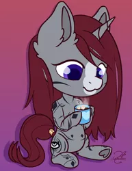 Size: 1905x2465 | Tagged: safe, artist:lechu-zaz, derpibooru import, oc, oc:selune darkeye, unofficial characters only, pony, unicorn, beautiful, body markings, chibi, chocolate, coat markings, cup, cute, cutie mark, facial markings, female, food, happy, heart, horn, hot chocolate, image, markings, png, raffle prize, redhead, snip (coat marking), solo, solo female, sugarcube, tail, tail wrap, unicorn oc