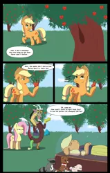 Size: 2864x4500 | Tagged: safe, artist:chedx, derpibooru import, applejack, discord, fluttershy, winona, dog, draconequus, earth pony, pegasus, pony, raccoon, apple, comic, female, food, image, male, mare, png, snow white