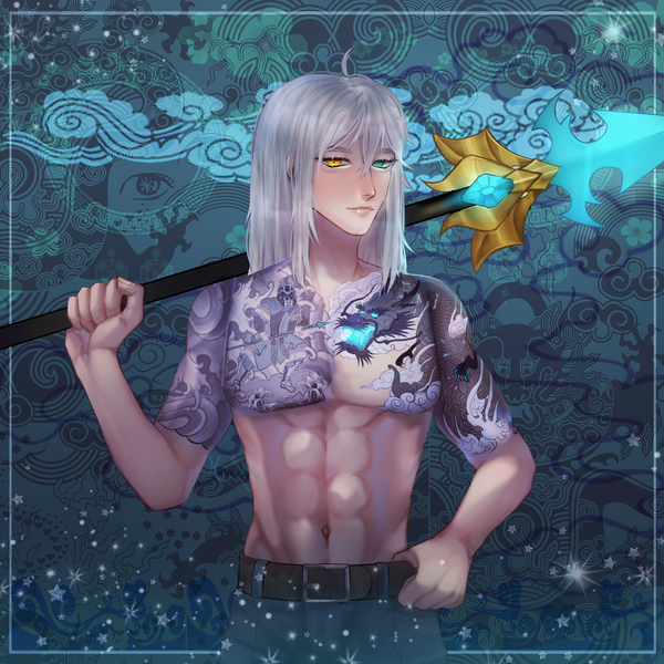 Size: 2000x2000 | Tagged: safe, derpibooru import, oc, oc:king ao, unofficial characters only, changeling, dragon, human, abs, abstract background, belt, chinese dragon, clothes, cloud, fantasy class, half naked, heterochromia, humanized, image, looking at you, male, muscles, partial nudity, png, samurai, solo, solo male, spear, tattoo, topless, trousers, warrior, wave, weapon, yakuza