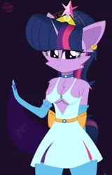 Size: 1718x2690 | Tagged: suggestive, artist:toxinagraphica, derpibooru import, part of a set, twilight sparkle, anthro, pony, unguligrade anthro, bow, breasts, cheek fluff, chest fluff, choker, clothes, cute, dress, ear fluff, emerald, eyelashes, female, fluffy, gala dress, gloves, hand, high res, horn, image, jewelry, mare, png, sexy, smiling, socks, solo, stockings, thigh highs, tiara