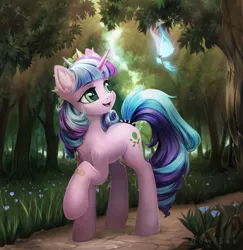 Size: 2430x2500 | Tagged: safe, artist:inowiseei, derpibooru import, oc, oc:ivy lush, pony, unicorn, commission, cutie mark, female, forest, high res, horn, image, mare, png, scenery, solo, spread wings, tree, unicorn oc, walking, wings