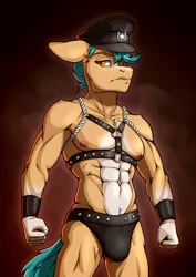 Size: 2480x3508 | Tagged: suggestive, artist:dandy, derpibooru import, hitch trailblazer, ponified, anthro, earth pony, pony, abs, belly button, bondage, bondage gear, bondage harness, bulges, chains, crotch bulge, g5, gachimuchi, hat, high res, image, leather, looking at you, male, muscles, png, simple background, solo, solo male, wristband