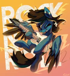 Size: 2040x2200 | Tagged: safe, artist:kaleido-art, artist:paintedkaleido, derpibooru import, oc, oc:livewire, unofficial characters only, pegasus, pony, colored wings, commission, ear piercing, earring, electric guitar, eyes closed, female, guitar, image, industrial piercing, jewelry, mare, multicolored wings, musical instrument, piercing, playing instrument, png, smiling, solo, spread wings, two toned wings, wings