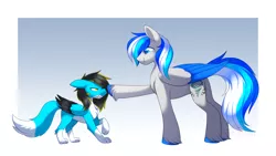 Size: 1240x700 | Tagged: safe, artist:scarlet-spectrum, derpibooru import, oc, oc:hawker hurricane, oc:thundy, unofficial characters only, hybrid, pegasus, pony, boop, commission, image, male, png, size difference, stallion, watermark