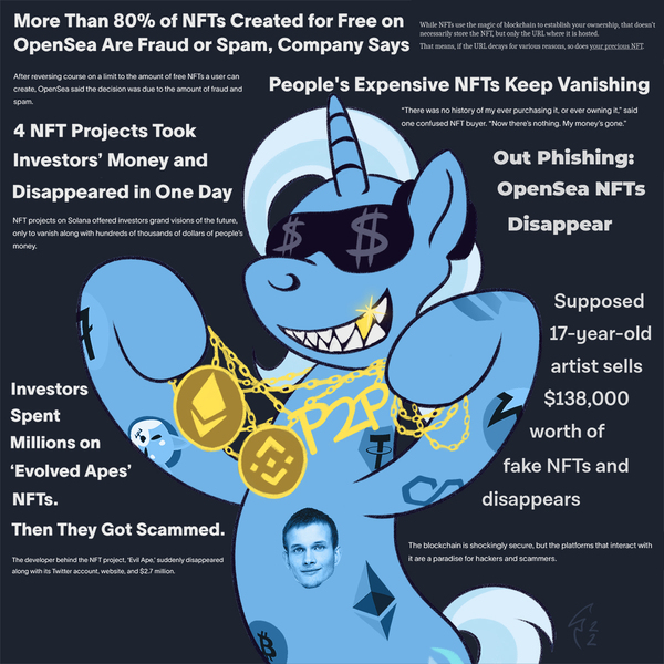 Size: 1200x1200 | Tagged: safe, artist:crystalightrocket, derpibooru import, trixie, dog, human, pony, shiba inu, unicorn, april fools, april fools 2022, binance, bitcoin, chains, cryptocurrency, derpibooru exclusive, dollar sign, ethereum, female, gold, image, jpeg, litecoin, mare, monero, nft, polygon, sharp teeth, smiling, solana, solo, sunglasses, tattoo, teeth, tether usdt, text, vitalik buterin