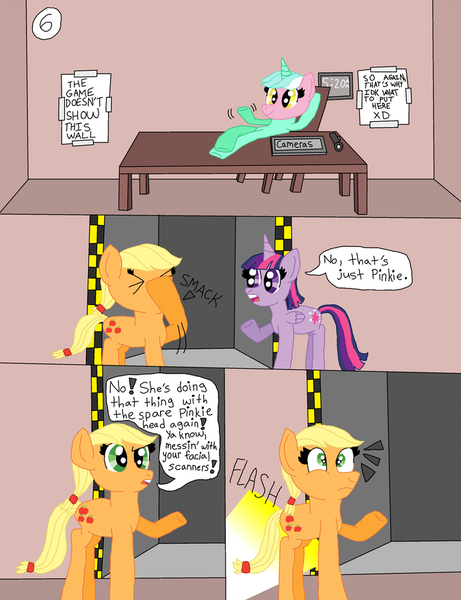 Size: 674x877 | Tagged: safe, artist:alyssafire, artist:nightshadowmlp, derpibooru import, applejack, lyra heartstrings, twilight sparkle, twilight sparkle (alicorn), alicorn, earth pony, pony, unicorn, comic:five am at pinkie's: the prequel, comic, facehoof, hatless, image, implied pinkie pie, missing accessory, png