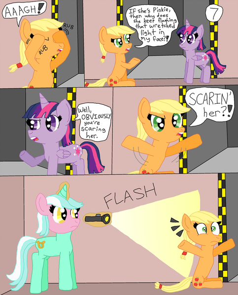 Size: 705x876 | Tagged: safe, artist:alyssafire, artist:nightshadowmlp, derpibooru import, applejack, lyra heartstrings, twilight sparkle, twilight sparkle (alicorn), alicorn, earth pony, pony, unicorn, comic:five am at pinkie's: the prequel, comic, dialogue, flashlight (object), hatless, image, implied pinkie pie, light, missing accessory, png, rubbing eyes, text