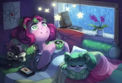 Size: 3000x2038 | Tagged: safe, artist:spirit-alu, derpibooru import, oc, unofficial characters only, cat, earth pony, pony, bed, book, cassette player, eye reflection, flower, image, plushie, png, rain, reflection, window