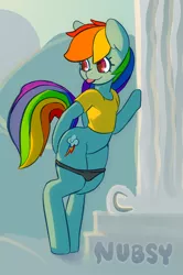 Size: 494x746 | Tagged: source needed, suggestive, artist:nubsy, derpibooru import, rainbow dash, pegasus, semi-anthro, bipedal, clothes, image, panties, panties around legs, png, shirt, tongue out, underwear
