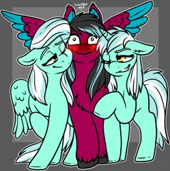 Size: 1896x1907 | Tagged: safe, artist:sexygoatgod, derpibooru import, lyra heartstrings, skyra, oc, oc:razzmatazz gleam, hybrid, pegasus, pony, unicorn, blushing, canon x oc, female, flirting, flirty, grin, image, implied group sex, implied sex, implied threesome, lesbian, looking at each other, looking at someone, nervous, nervous grin, one eye closed, png, smiling, smirk, spread wings, wingboner, wings, wink