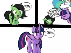 Size: 2732x2048 | Tagged: safe, artist:yidwags, derpibooru import, princess celestia, twilight sparkle, twilight sparkle (alicorn), oc, oc:anonfilly, alicorn, earth pony, pony, amused, comic, derpibooru exclusive, dialogue, eye clipping through hair, female, filly, foal, grumpy, image, mare, momlestia, mommy, open mouth, png, simple background, smiling, speech bubble, white background