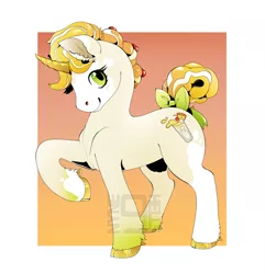 Size: 2105x2185 | Tagged: safe, artist:nynehells, derpibooru import, oc, unofficial characters only, pony, unicorn, bow, coat markings, colored hooves, curved horn, dappled, gold hooves, hooves, horn, image, jpeg, raised hoof, solo, tail, tail bow, watermark