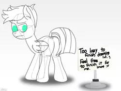 Size: 8764x6600 | Tagged: safe, artist:agkandphotomaker2000, derpibooru import, oc, oc:pony video maker, pegasus, pony, april fools, breaking the fourth wall, butt, dock, folded wings, image, lazy artist, monochrome, plot, png, raised eyebrow, sign, simple background, sketch, tail, wings, wip