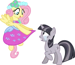 Size: 3473x3000 | Tagged: safe, artist:cloudyglow, artist:wardex101, derpibooru import, edit, fluttershy, twilight sparkle, pegasus, pony, unicorn, a canterlot wedding, alternate hairstyle, clothes, crying, crylight sparkle, discorded, discorded twilight, dress, duo, duo female, female, flying, full body, high res, hooves, horn, image, looking at someone, looking down, mare, multicolored mane, multicolored tail, open mouth, open smile, png, raised hoof, simple background, smiling, spread wings, standing, surprised, tail, transparent background, twilight tragedy, unicorn twilight, vector, wedding dress, wings