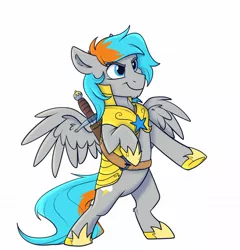 Size: 1200x1251 | Tagged: safe, artist:rutkotka, derpibooru import, part of a set, oc, unofficial characters only, pegasus, pony, armor, bipedal, commission, image, jpeg, royal guard, simple background, solo, sword, weapon, white background, ych result