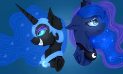 Size: 2500x1500 | Tagged: safe, derpibooru import, nightmare moon, princess luna, blue background, blue eyes, corn, food, image, png, simple background, sparkles, wings